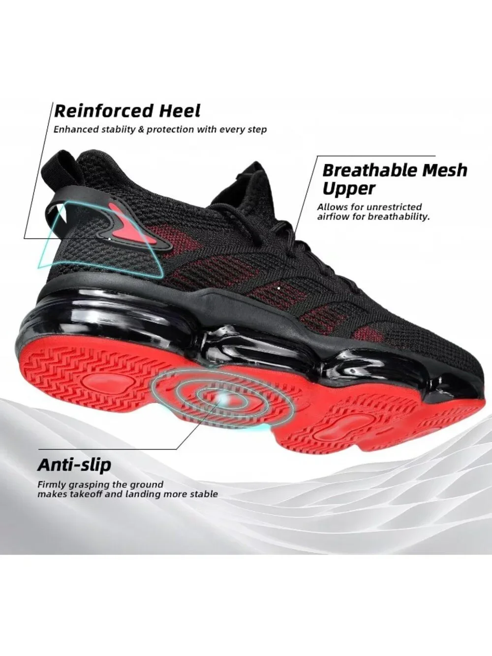 Men's Black Red Running Shoes Air Cushion Slip on Walking Tennis Sneakers